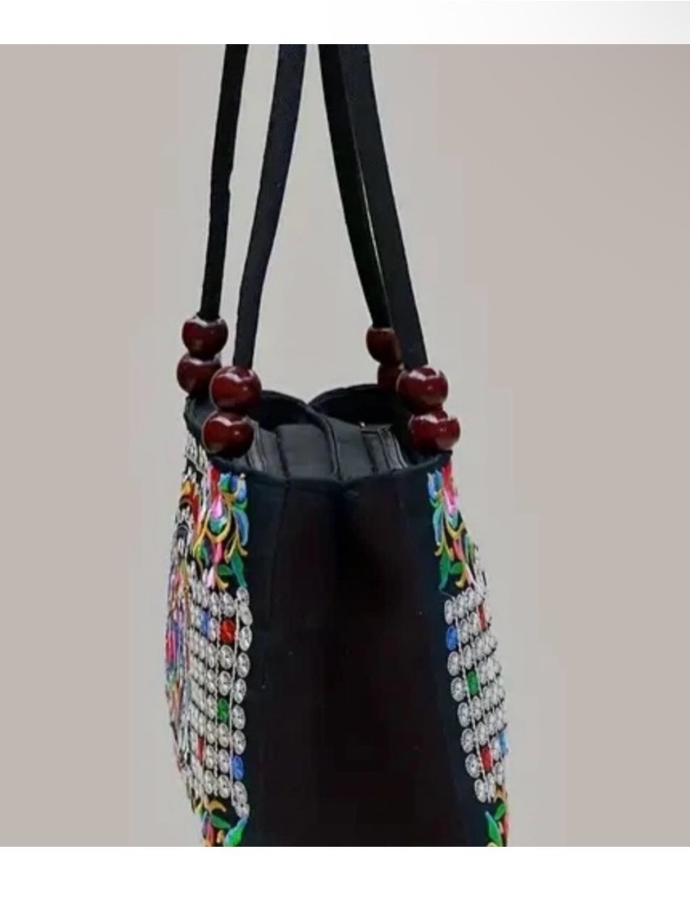 Embroidered Floral Tote Bag - Black - Picture 4 of 4